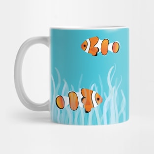 Two clown fishes swimming between sea anemones Mug